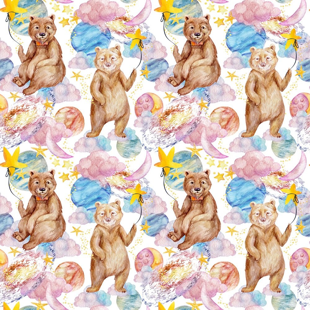 Watercolor Galaxy Bear in Bow Tie Fabric - White