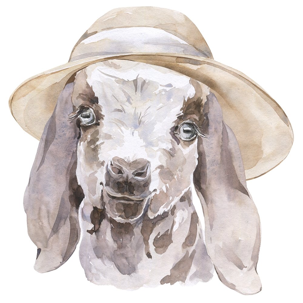 Watercolor Goatling in Hat Fabric Panel
