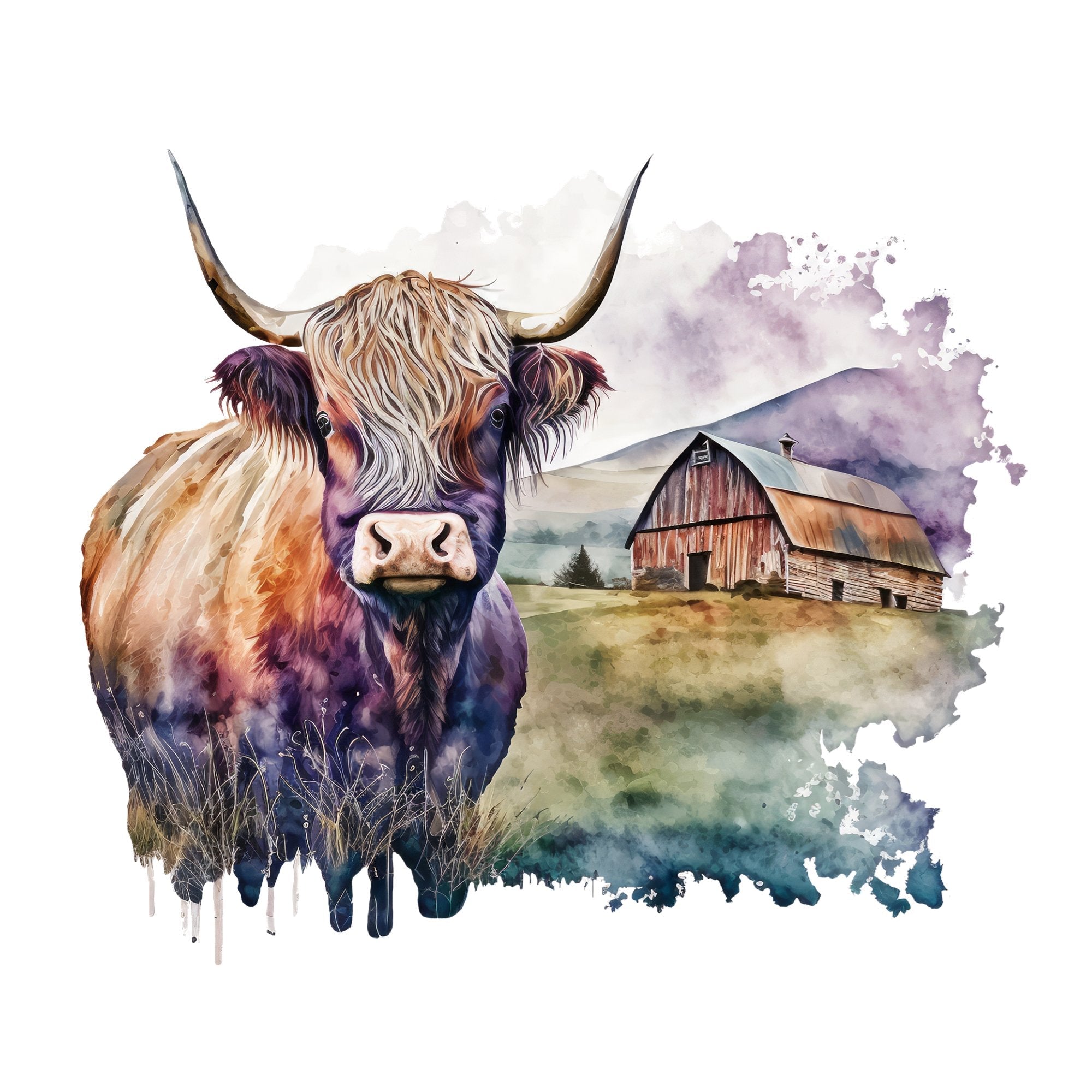 Watercolor Highland Cow Scene #10 Fabric Panel