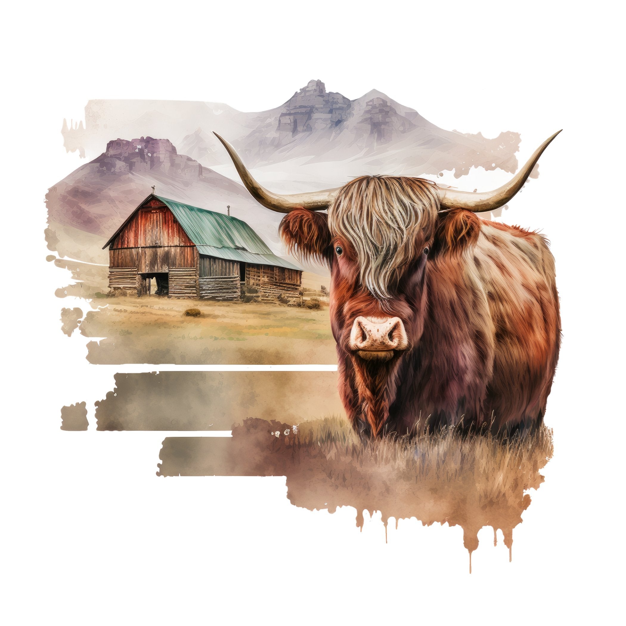 Watercolor Highland Cow Scene #12 Fabric Panel