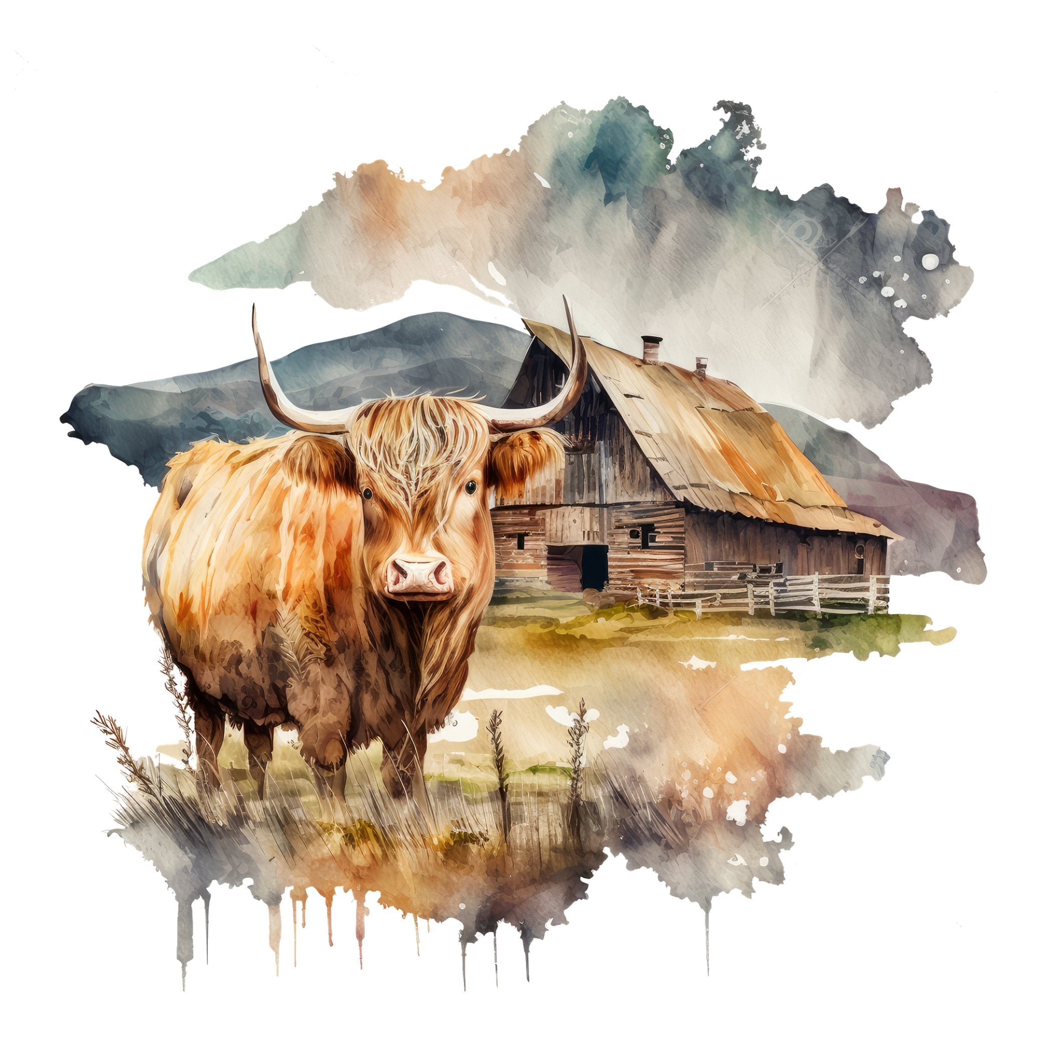 Watercolor Highland Cow Scene #14 Fabric Panel