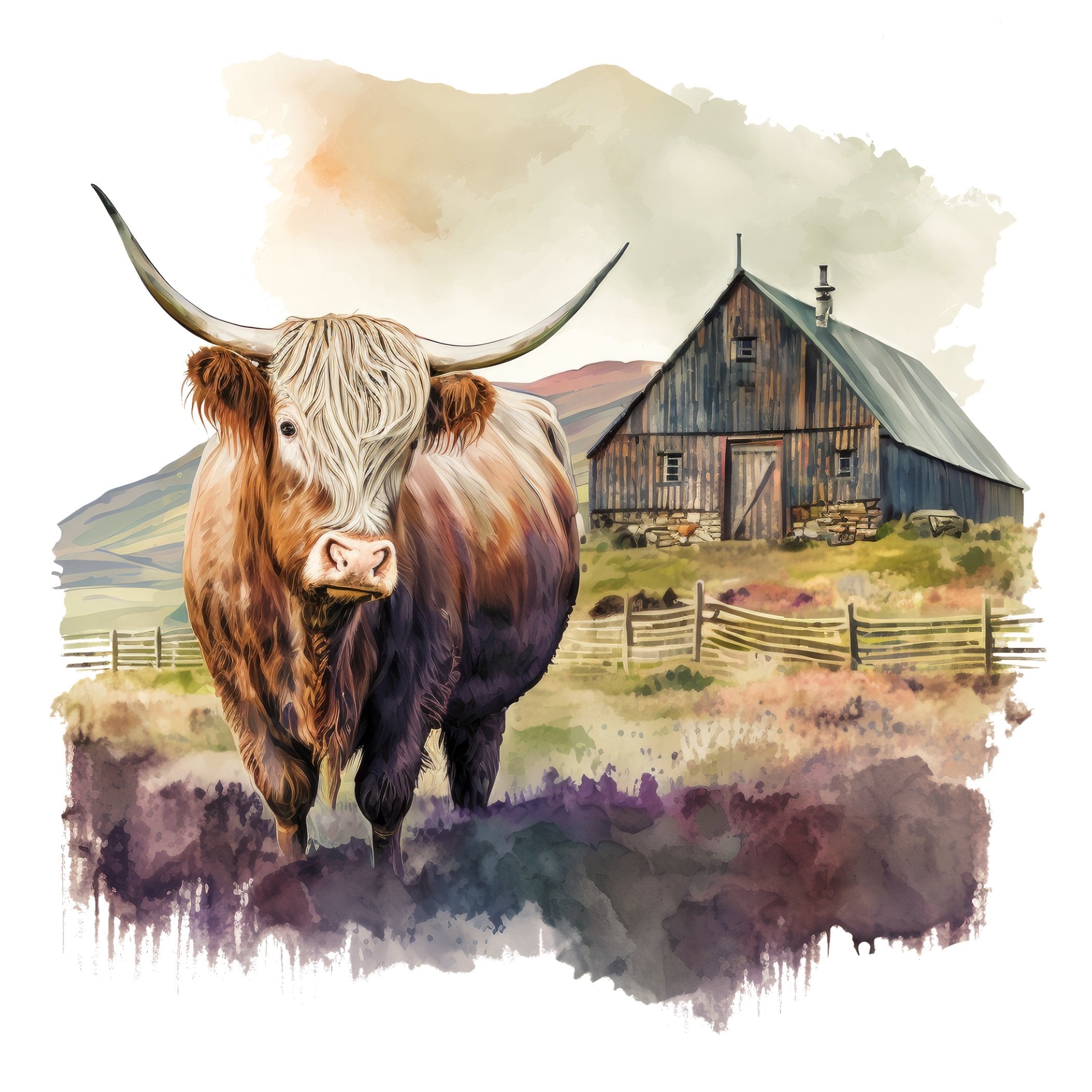 Watercolor Highland Cow Scene #2 Fabric Panel