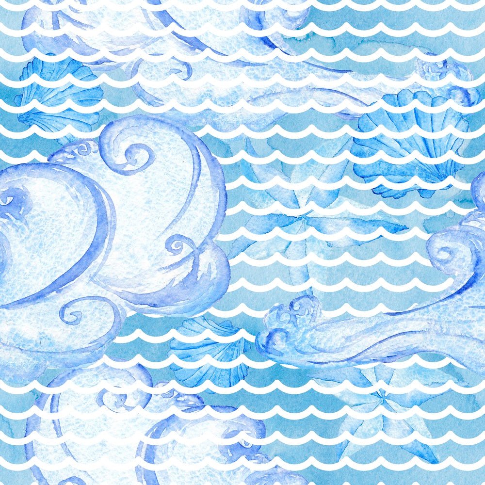 Watercolor Large Nautical Elements on Waves Fabric