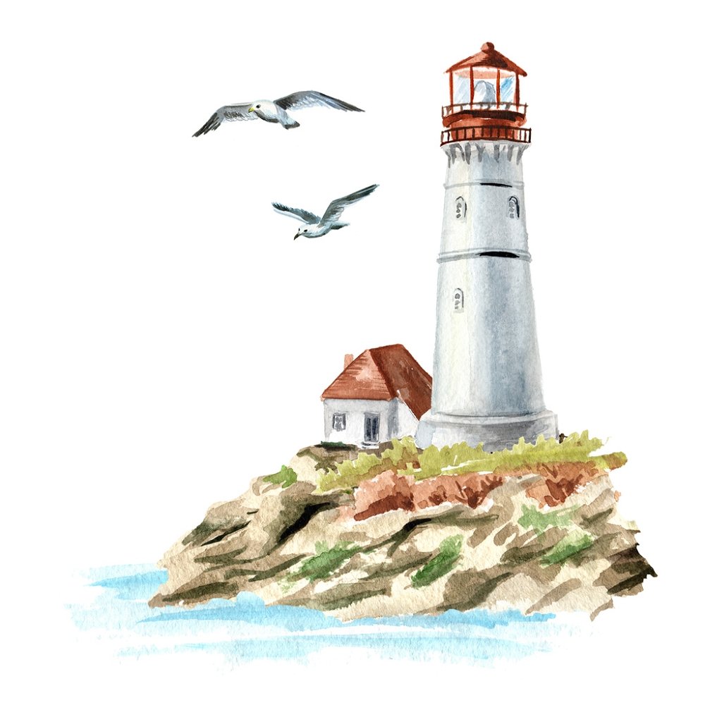 Watercolor Lighthouse Fabric Panel - Multi