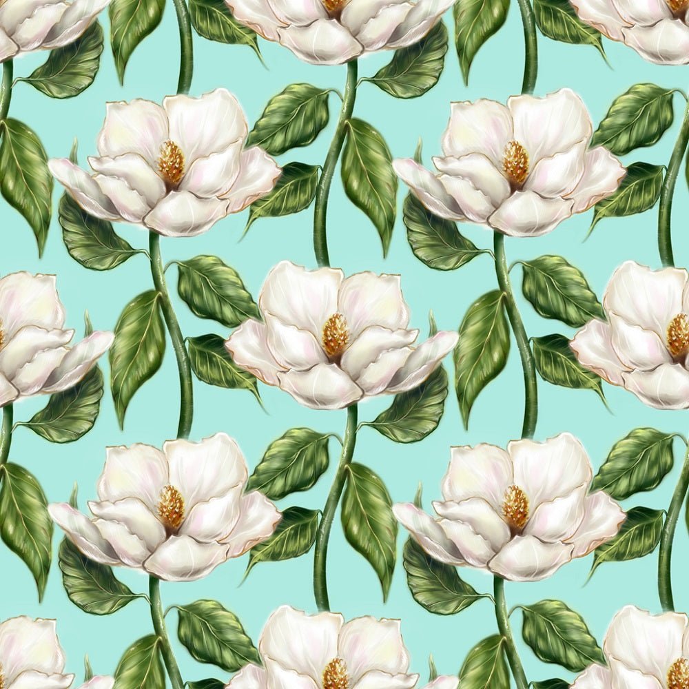 Watercolor Magnolia On Vine Fabric - Blue