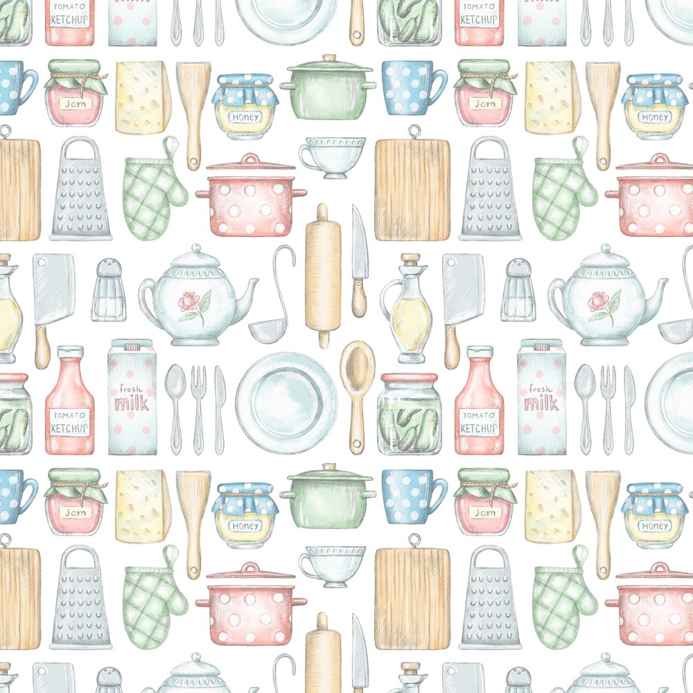 Cooking Utensils In The Kitchen Fabric - White