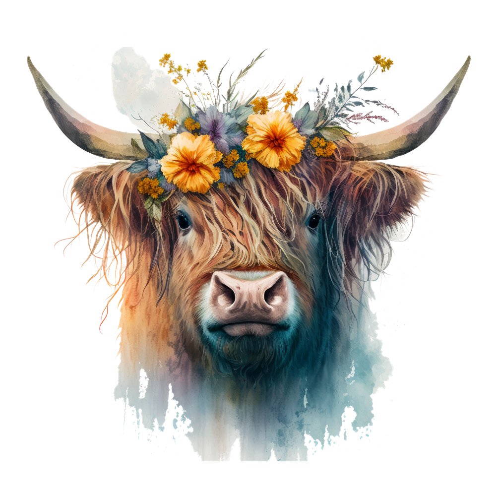 Watercolor Floral Highland Cow #10 Fabric Panel