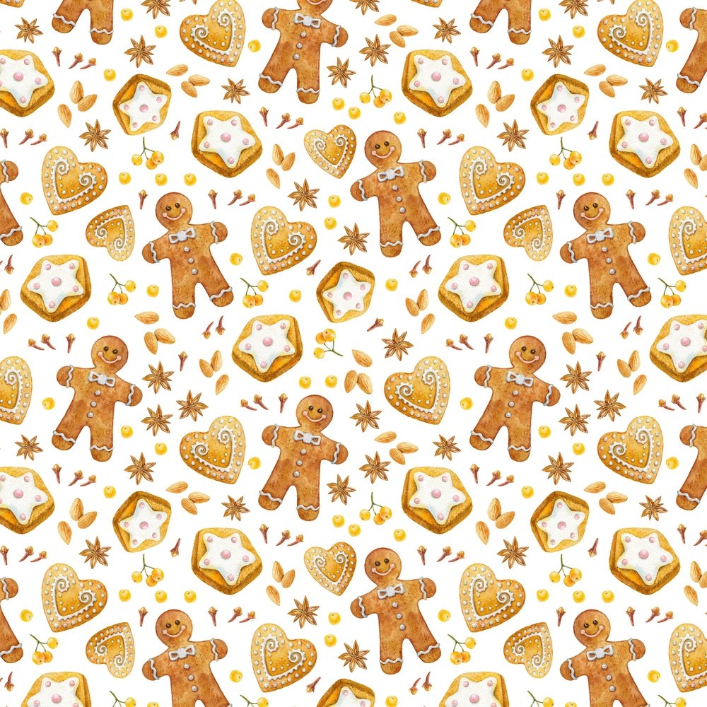 Watercolor Gingerbread & Cookies Fabric - White