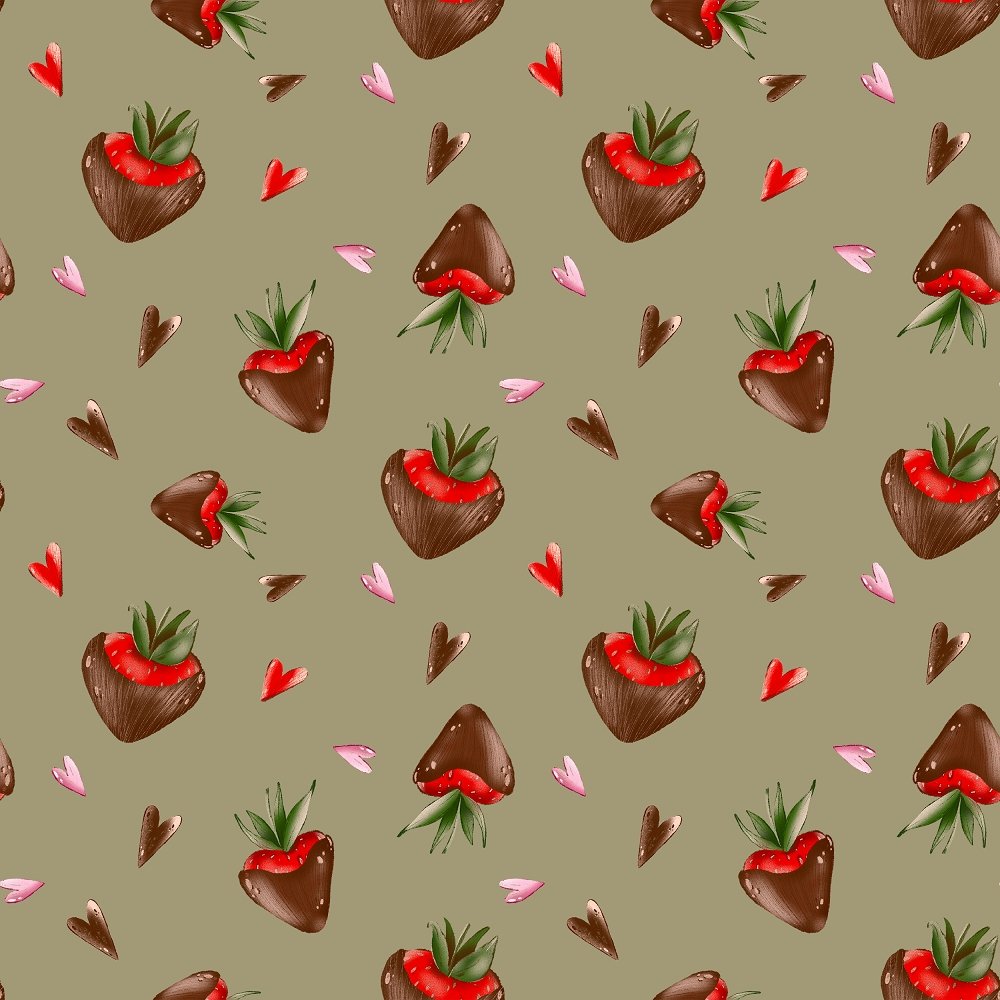 Chocolate Covered Strawberries and Hearts Fabric - Green