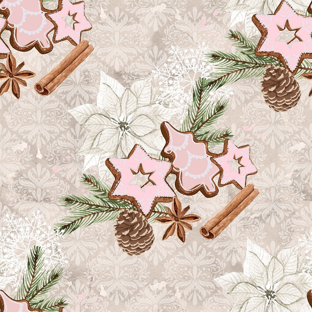 Christmas Elements on Snowflakes Fabric - Tan