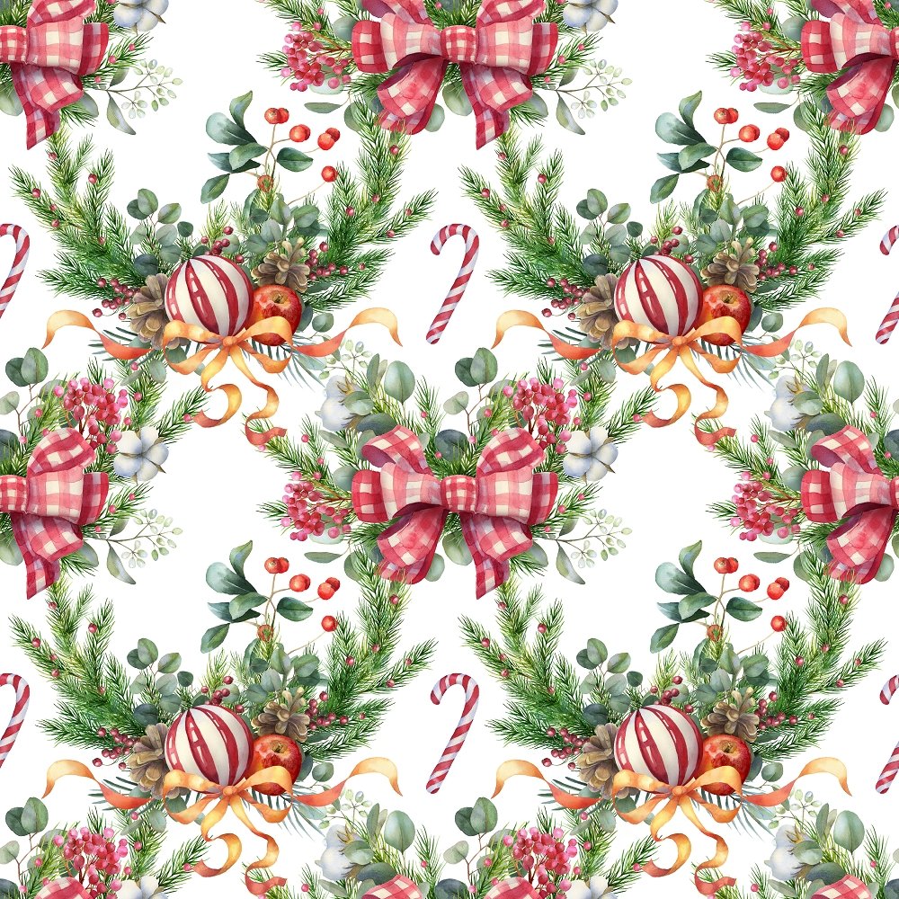 Christmas Farmhouse Bow Wreath Fabric - White