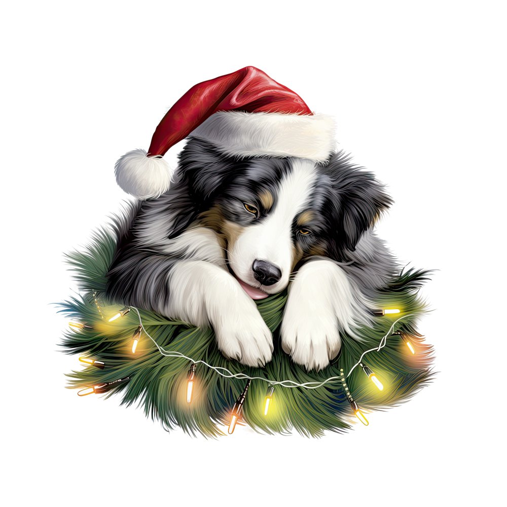 Christmas Sleeping Border Collie Fabric Panel