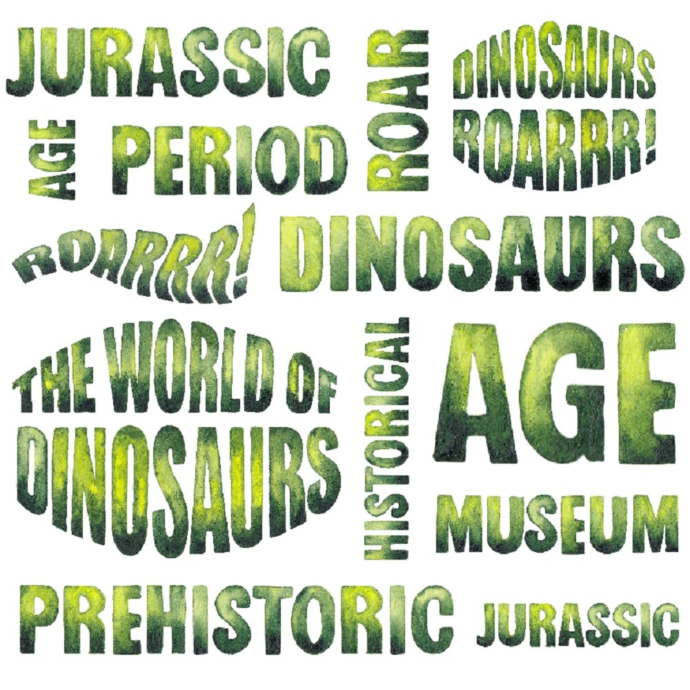 Watercolor Dinosaur Words Fabric - White