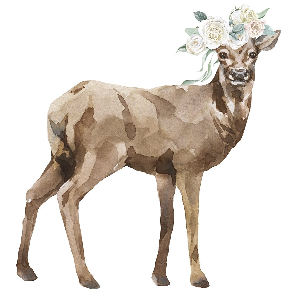 Watercolor Floral Deer Fabric Panel - Brown