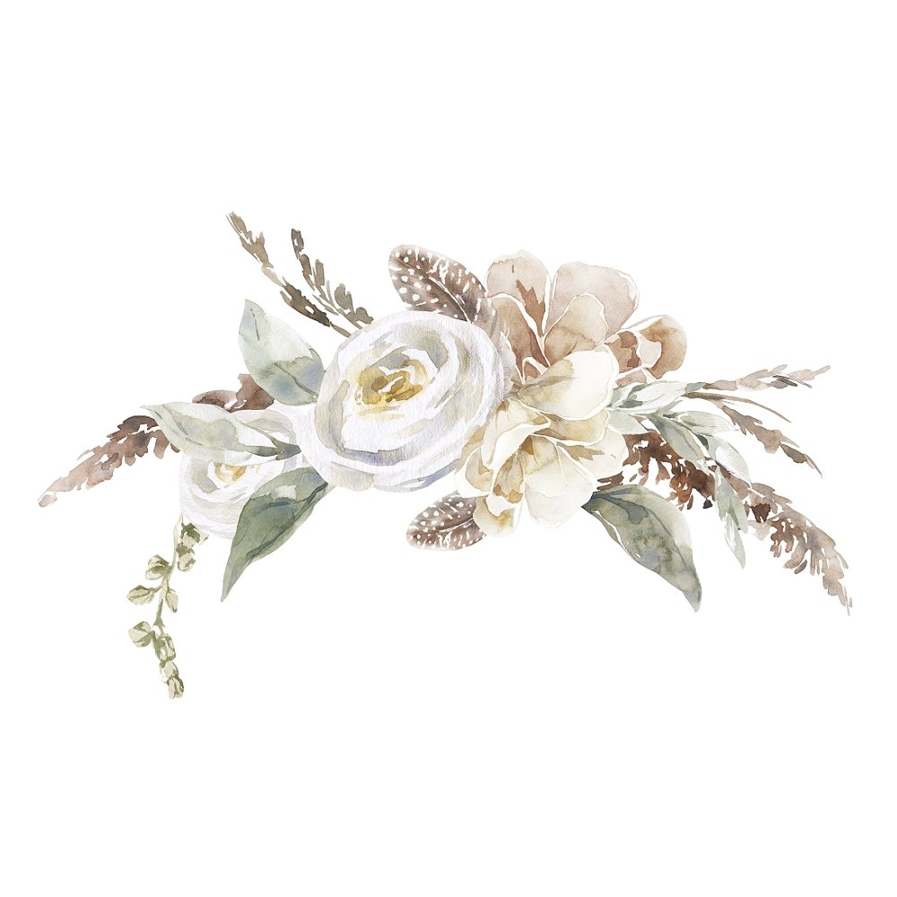 Watercolor Fluffy Animals Small Floral Bouquet Fabric Panel - White