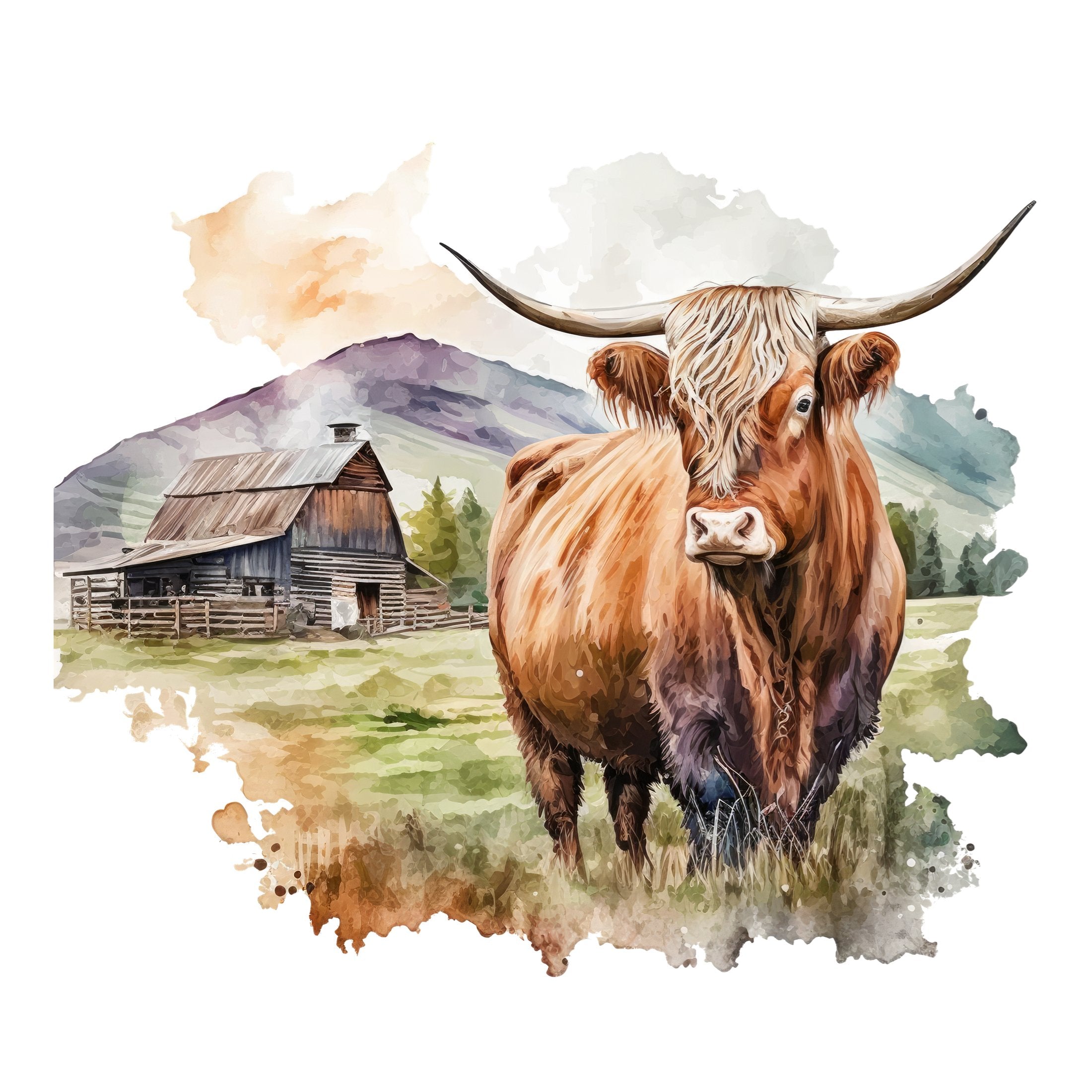 Watercolor Highland Cow Scene #3 Fabric Panel