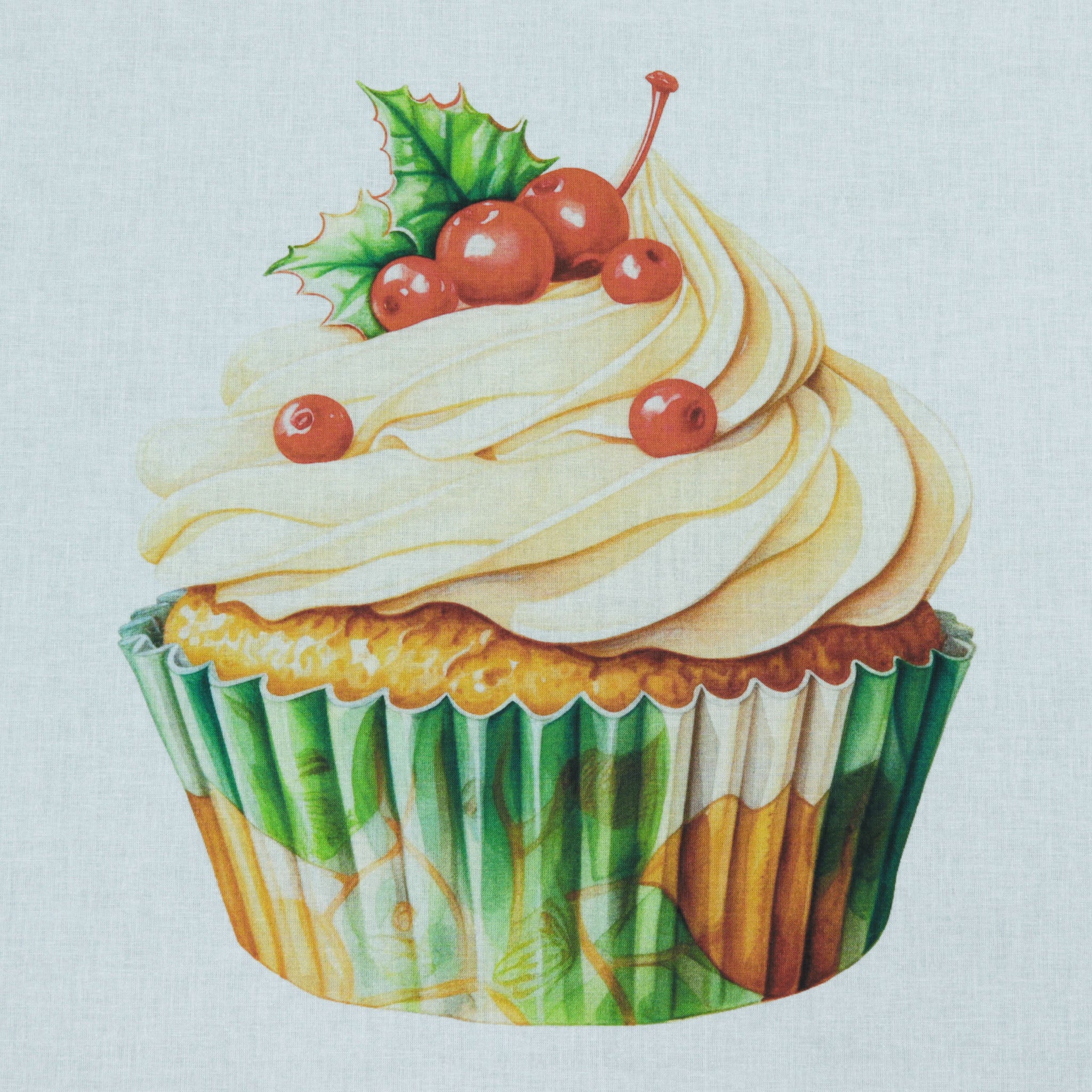 Christmas Dessert Cupcake Fabric Panel - White & Green