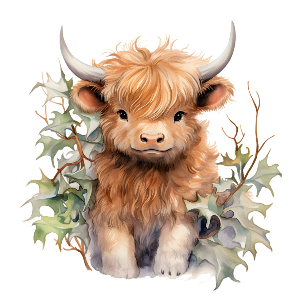Christmas Highland Cow & Plants #1 Fabric Panel