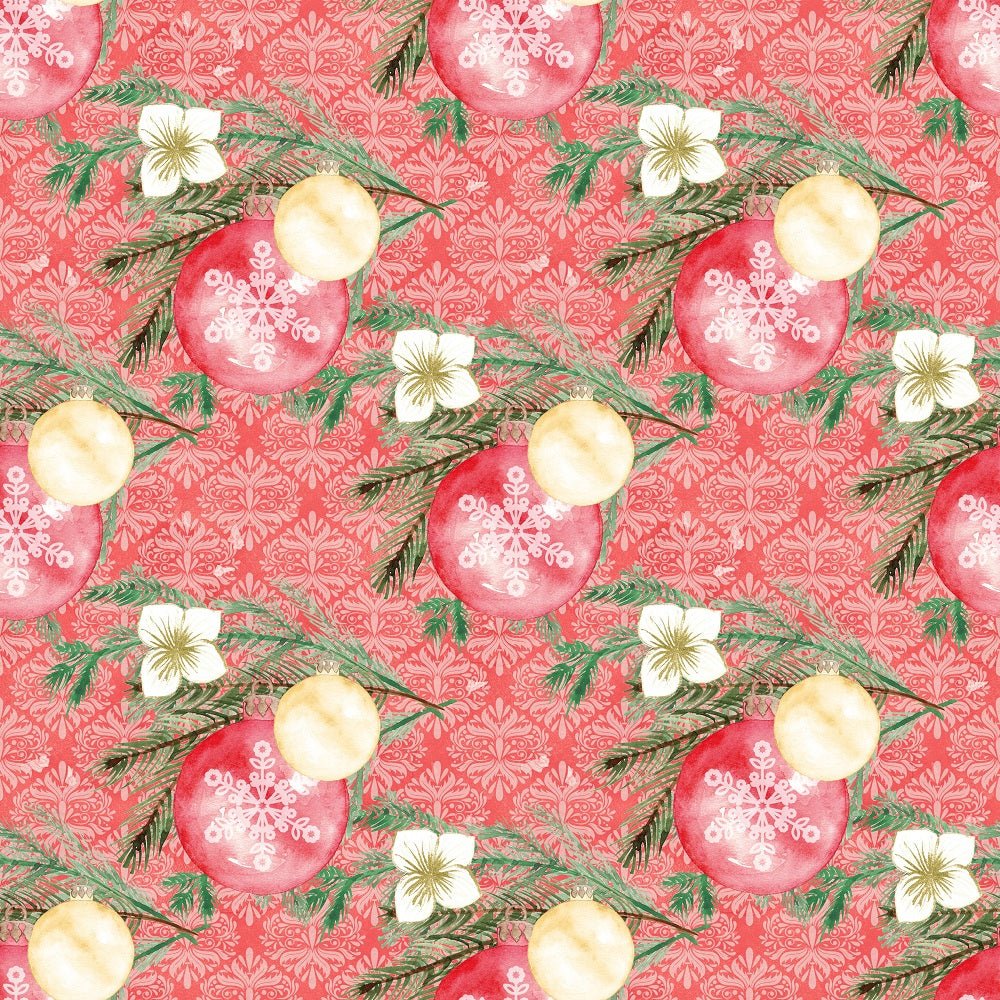 Christmas Joy Ornaments on Damask Fabric - Red