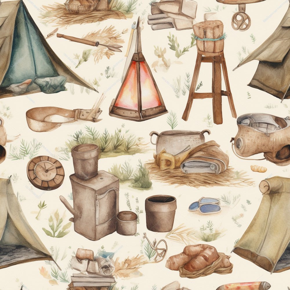 Watercolor Camping Pattern #5 Fabric