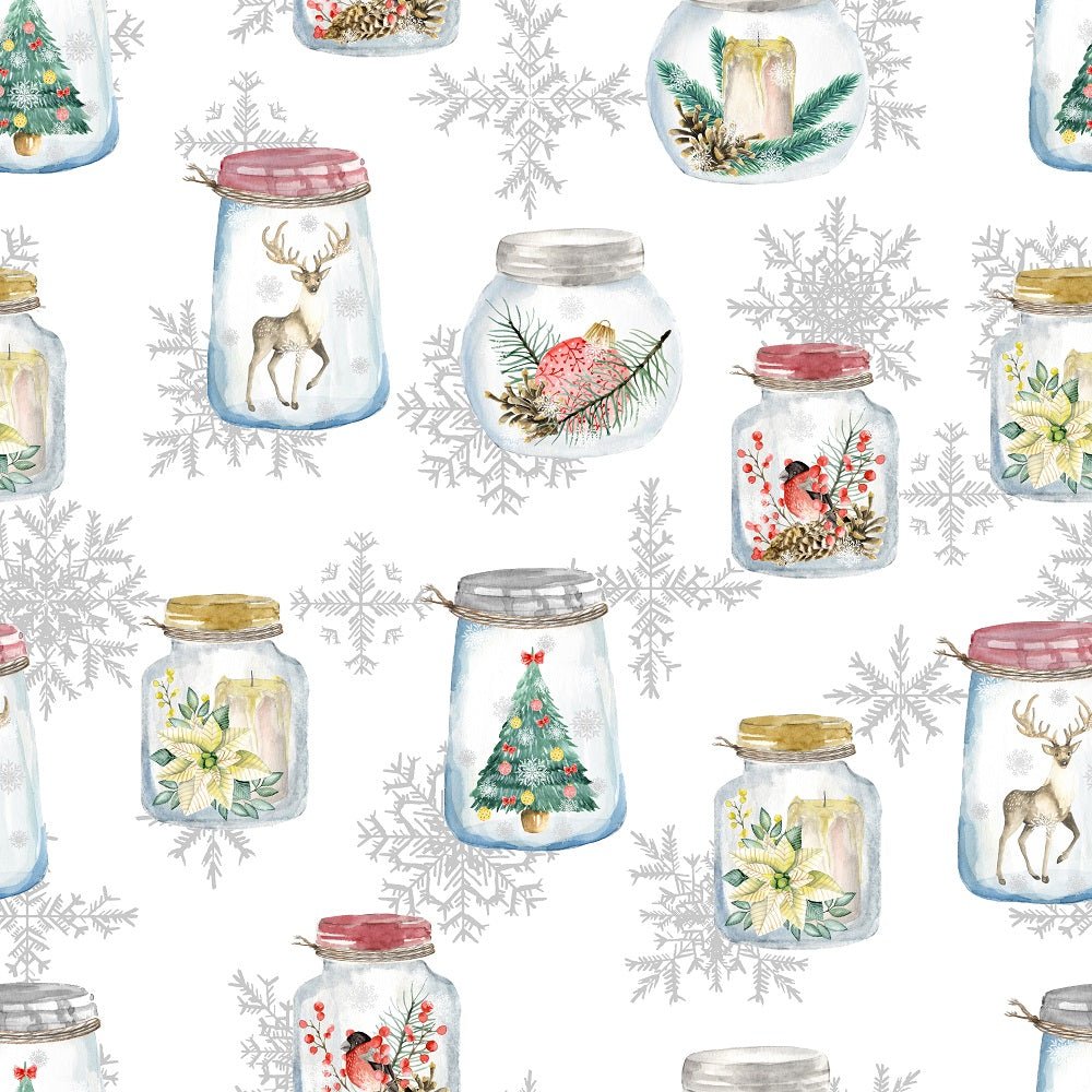 Watercolor Christmas Jars & Snowflakes Fabric