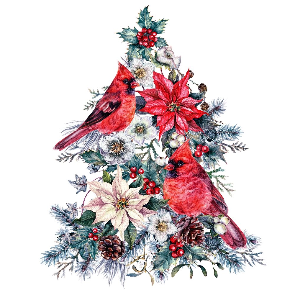 Watercolor Christmas Tree Cardinal Ornament Fabric Panel