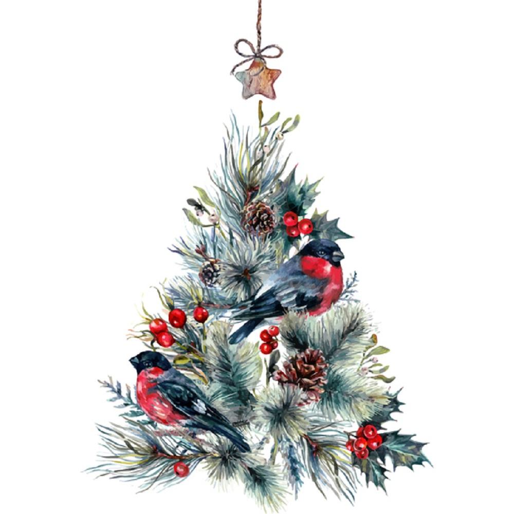 Watercolor Christmas Tree Ornament Fabric Panel - White