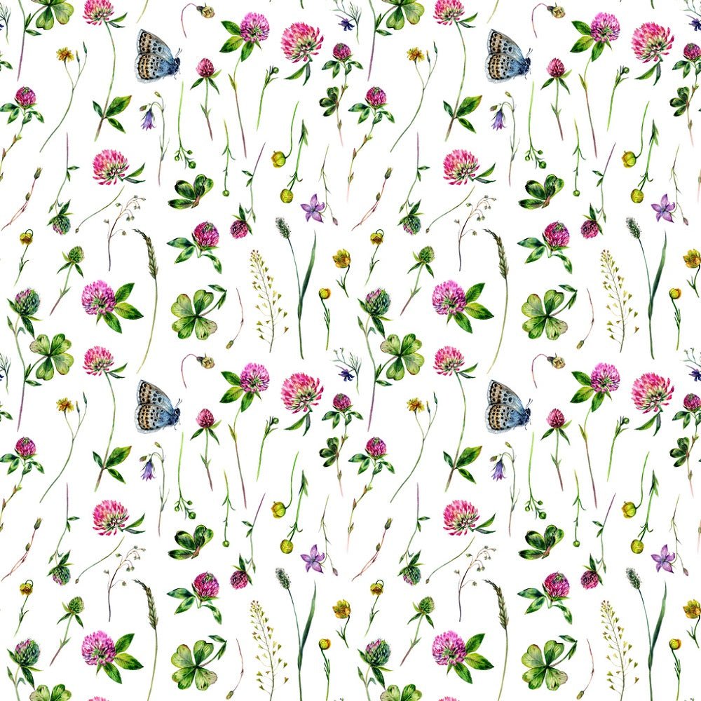 Watercolor Clovers, Flowers, and Meadow Grass Fabric