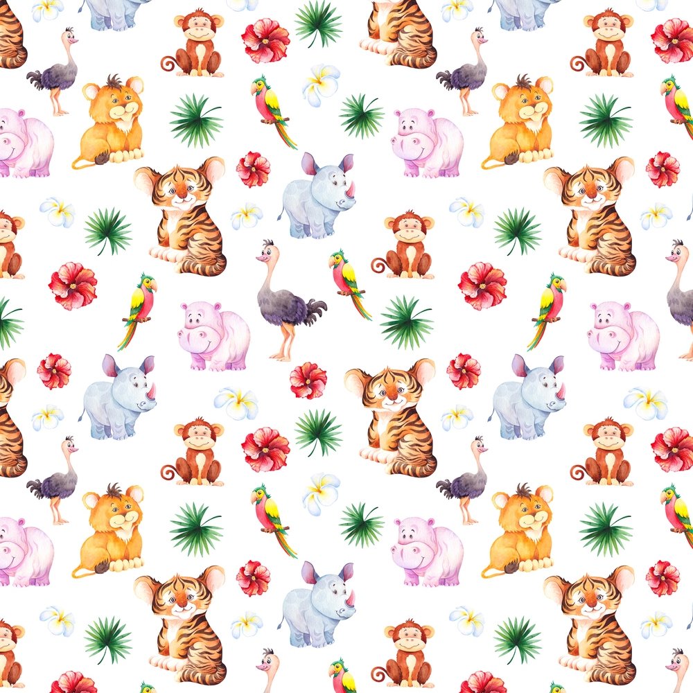 Watercolor Cute Safari Animals & Friends Fabric Variation 2