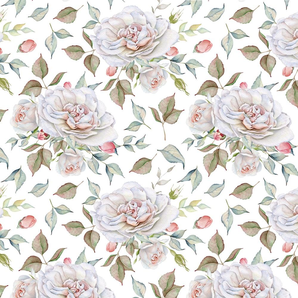 Watercolor Delicate White Roses Fabric