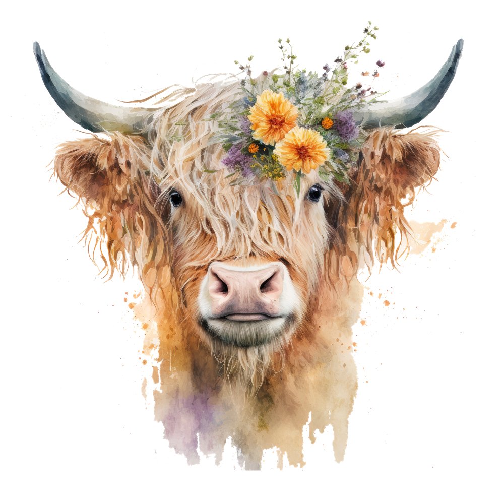 Watercolor Floral Highland Cow #4 Fabric Panel