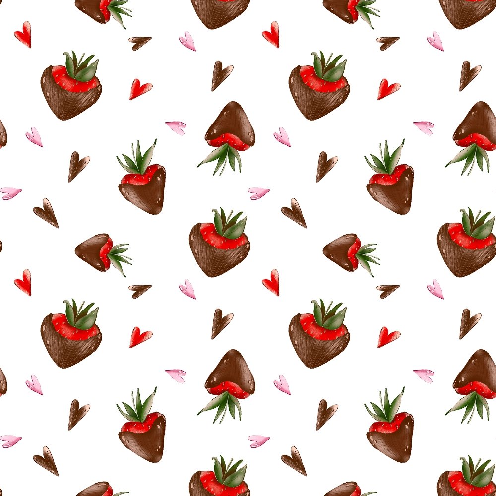 Chocolate Covered Strawberries and Hearts Fabric - White