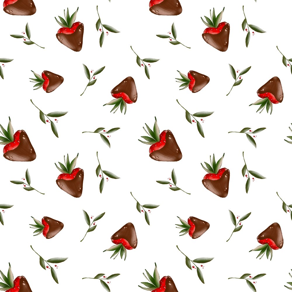 Chocolate Covered Strawberries and Leaves Fabric - White