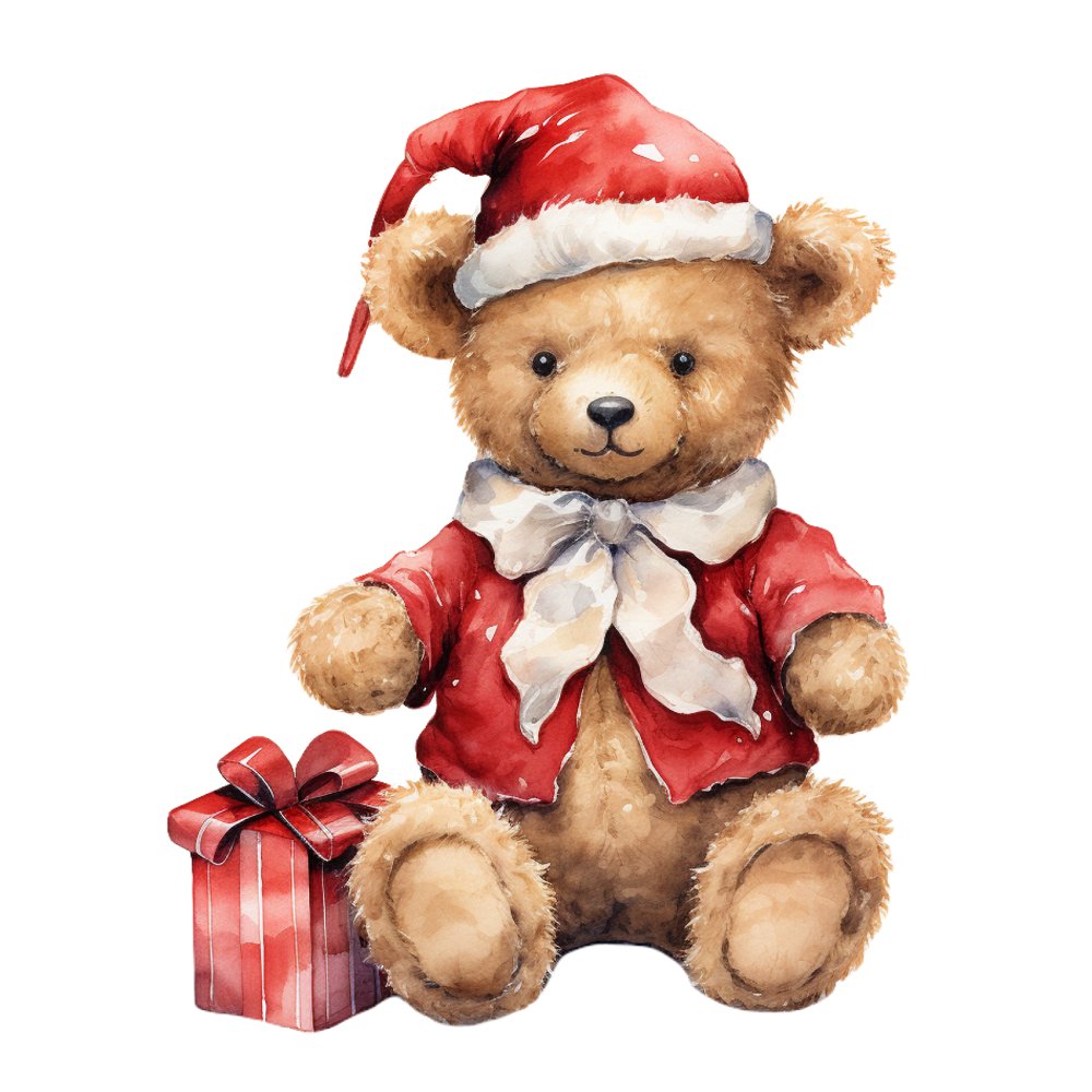 Christmas Animals Teddy Bear #2 Fabric Panel