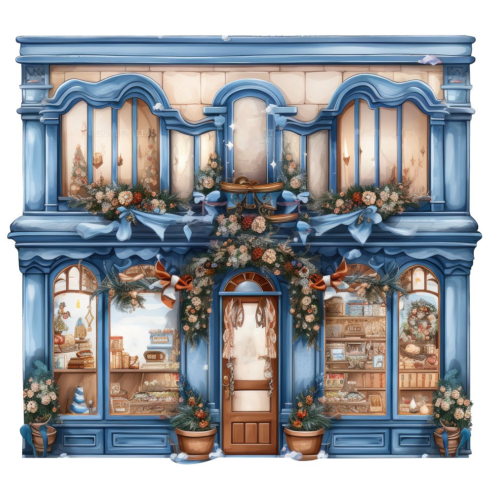 Christmas Antique Storefront Fabric Panel - Blue