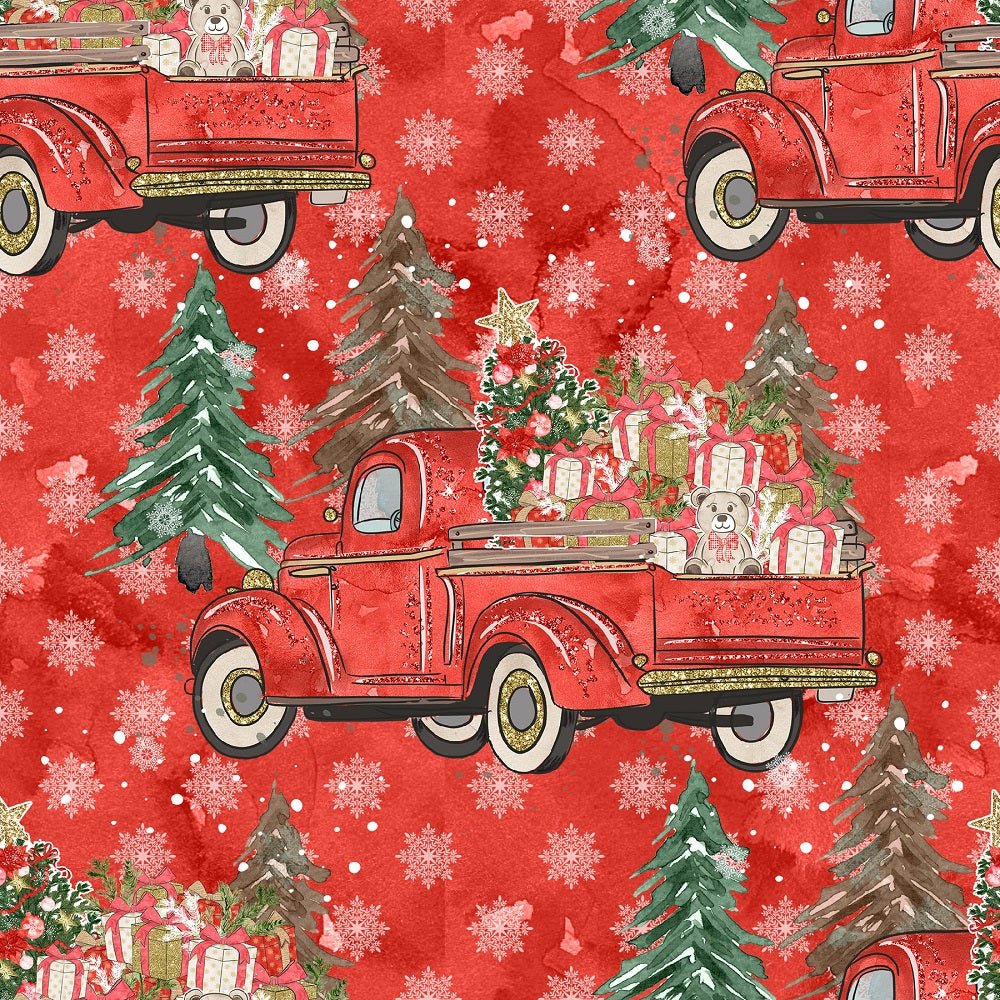 Christmas Truck On Snowflakes Fabric - Red