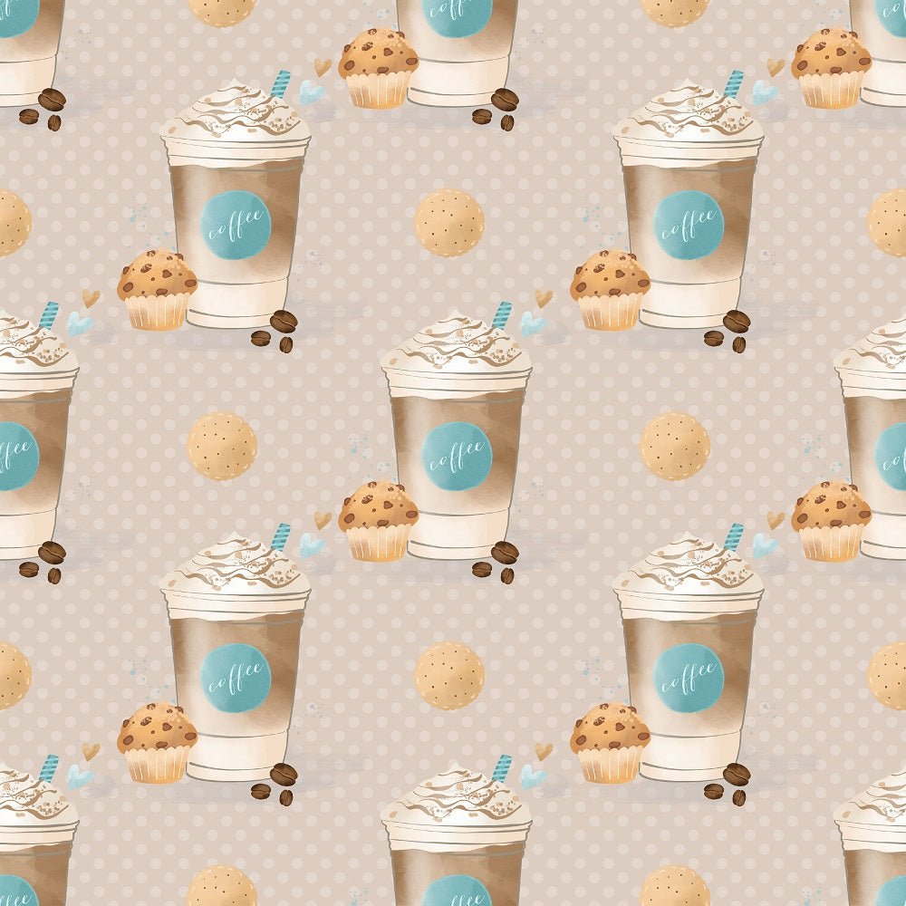 Coffee Cups on Polka Dots Fabric - Tan