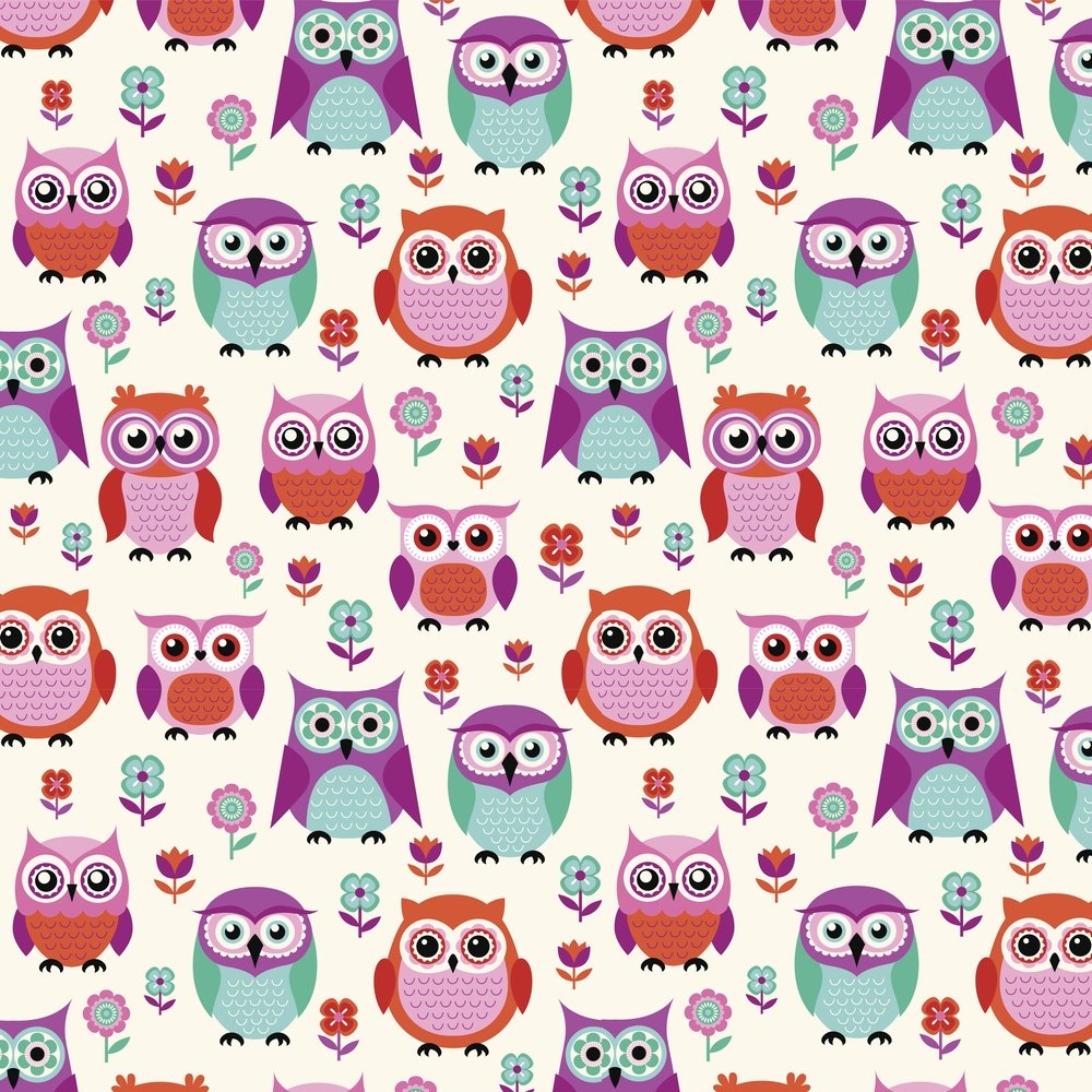 Colorful Owls With Small Flowers Fabric - White