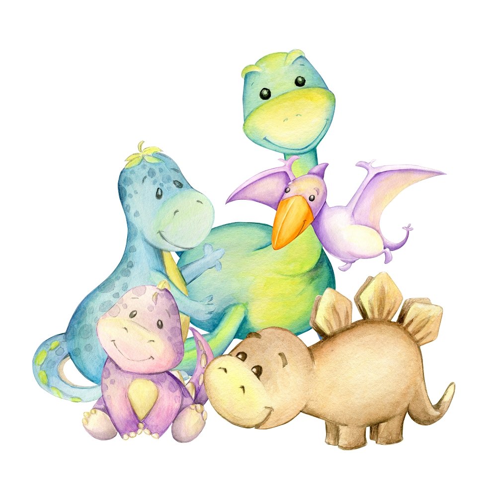 Watercolor Cartoon Dino Family Portrait Fabric Panel