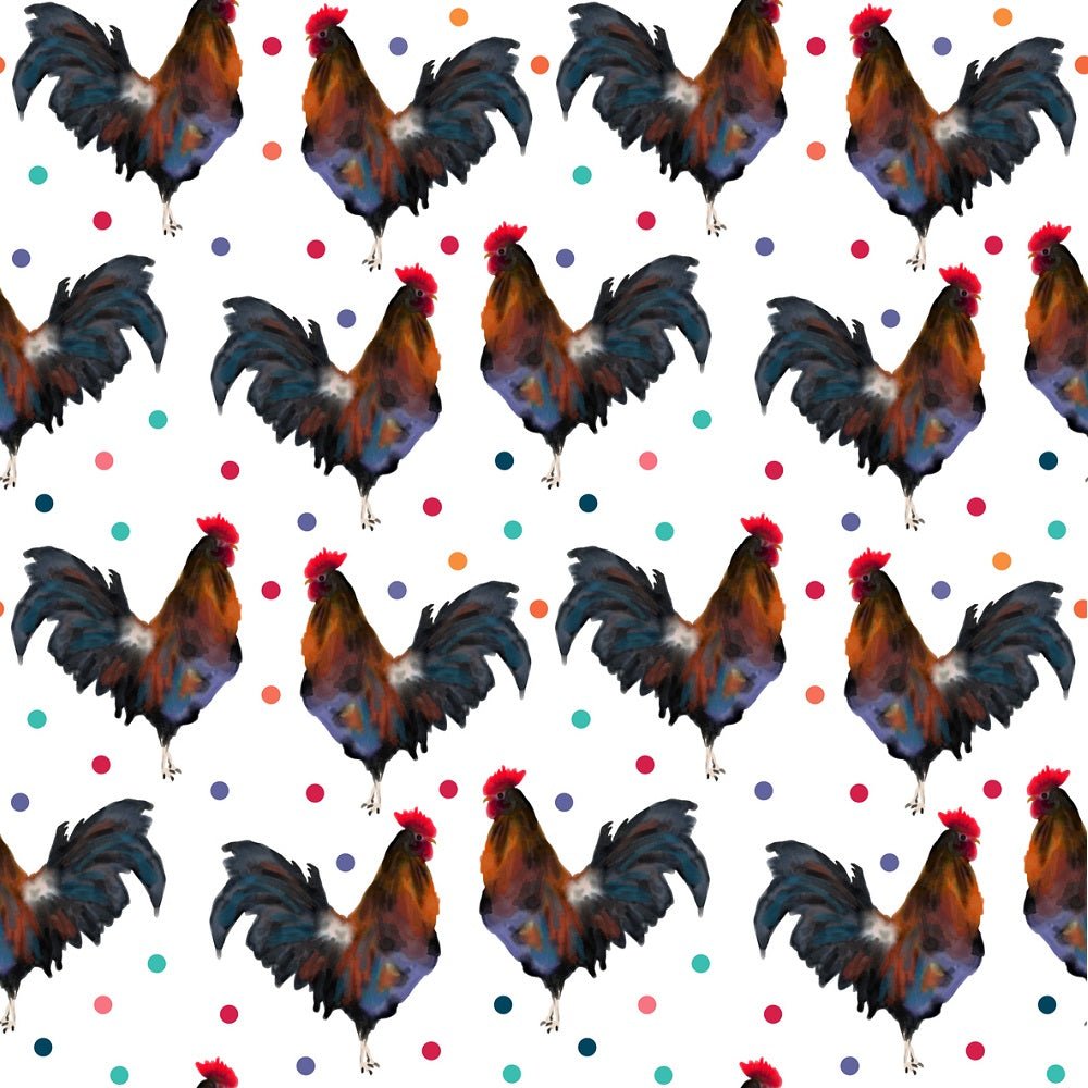 Watercolor Chickens on Polka Dots Fabric