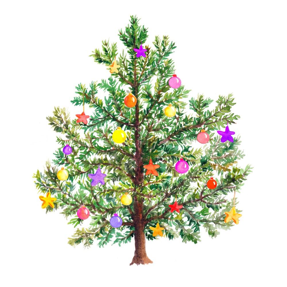 Watercolor Christmas Tree Fabric Panel