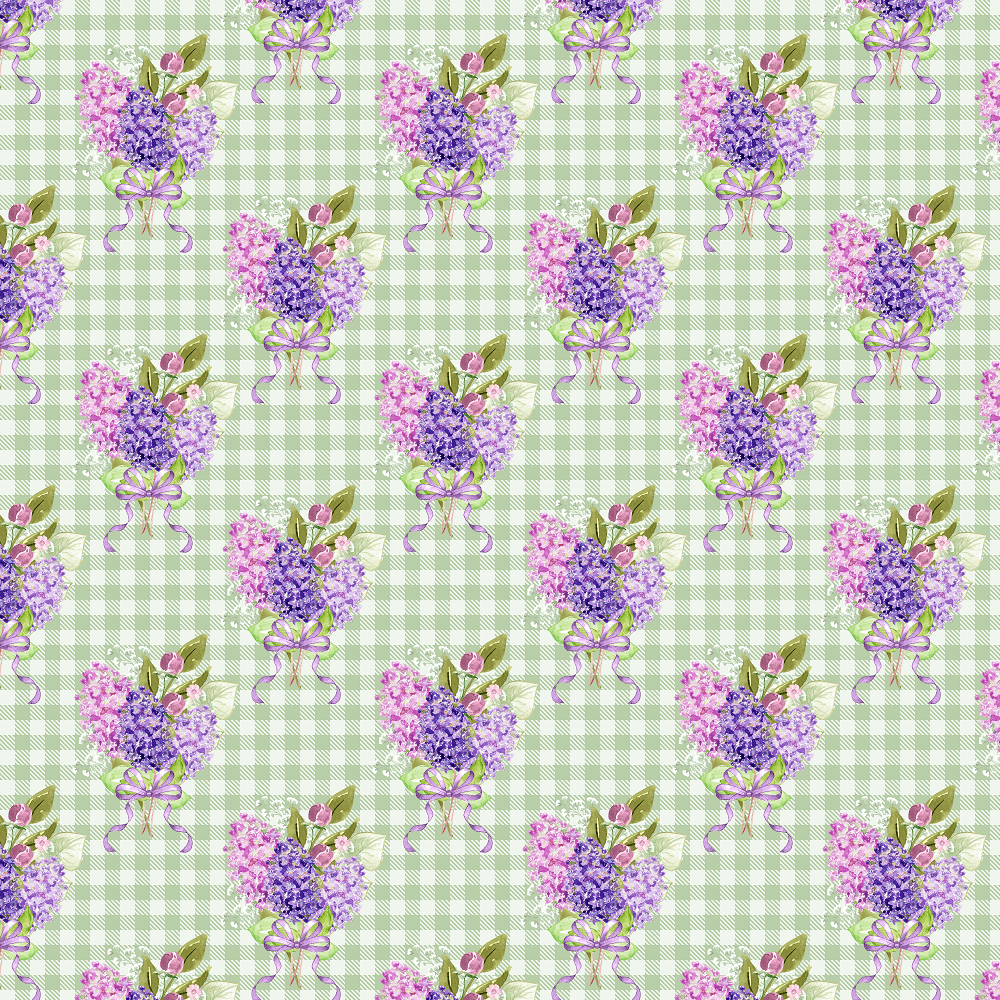 Checkered Lilac Bouquets Fabric - Green