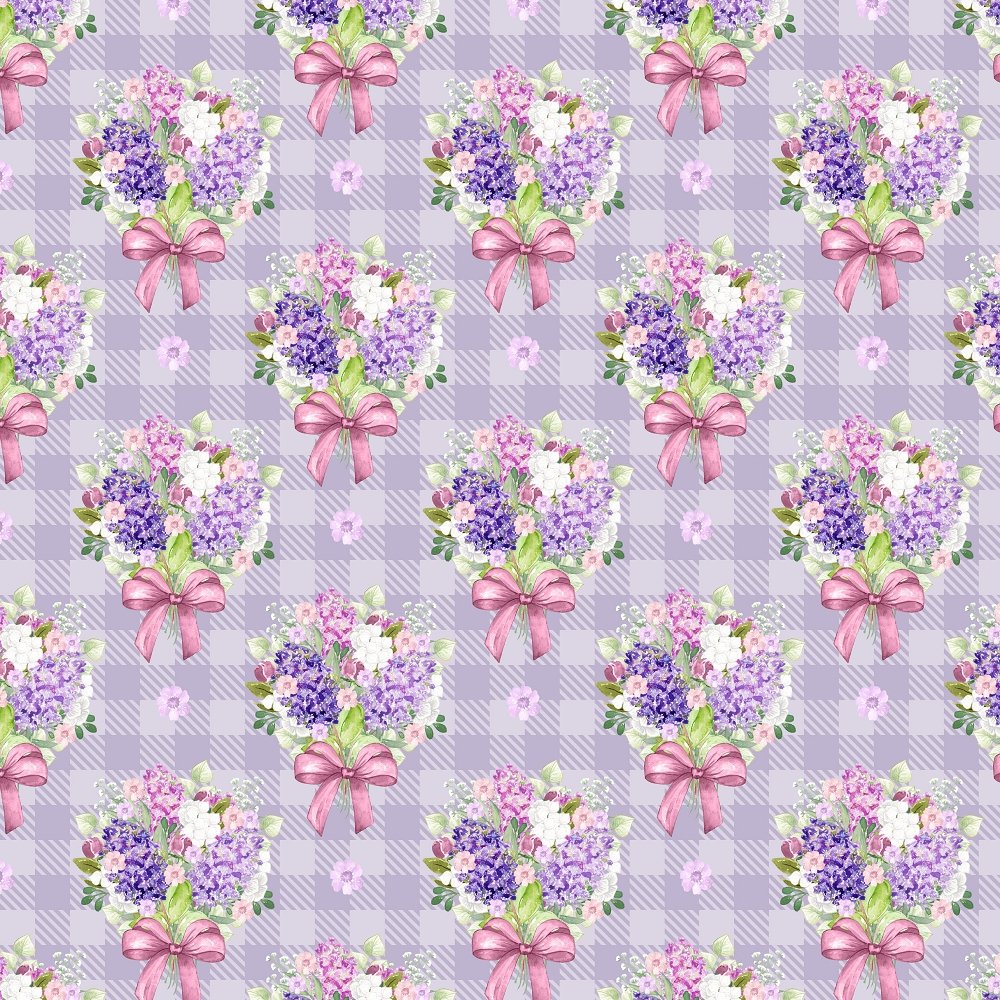 Checkered Lilac Bouquets Fabric - Purple