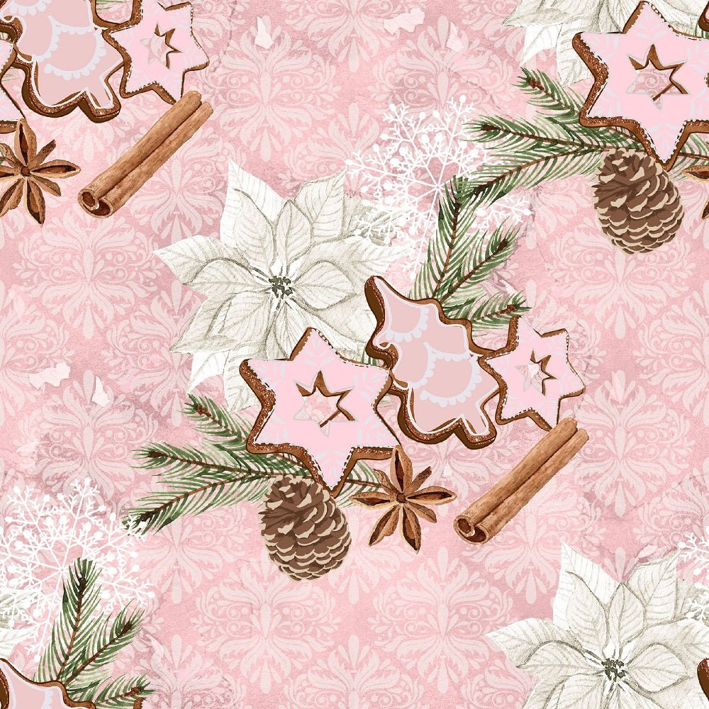 Christmas Elements on Snowflakes Fabric - Pink