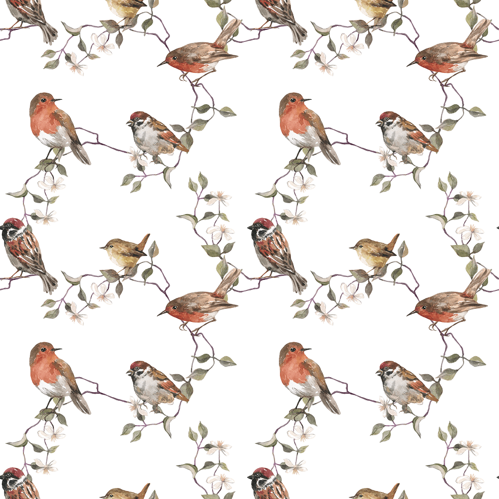 Watercolor Allover Birds Fabric - White