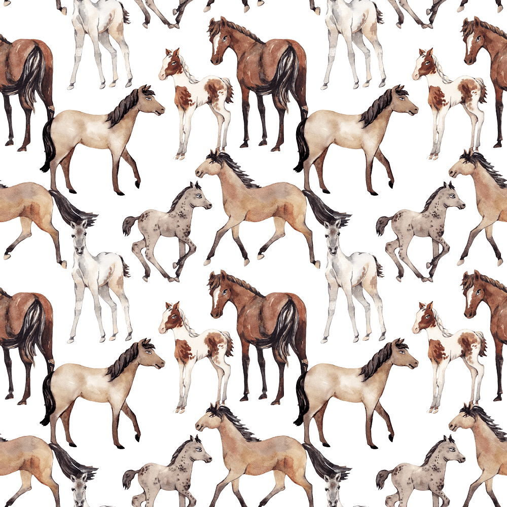 Watercolor Allover Horses Fabric - White
