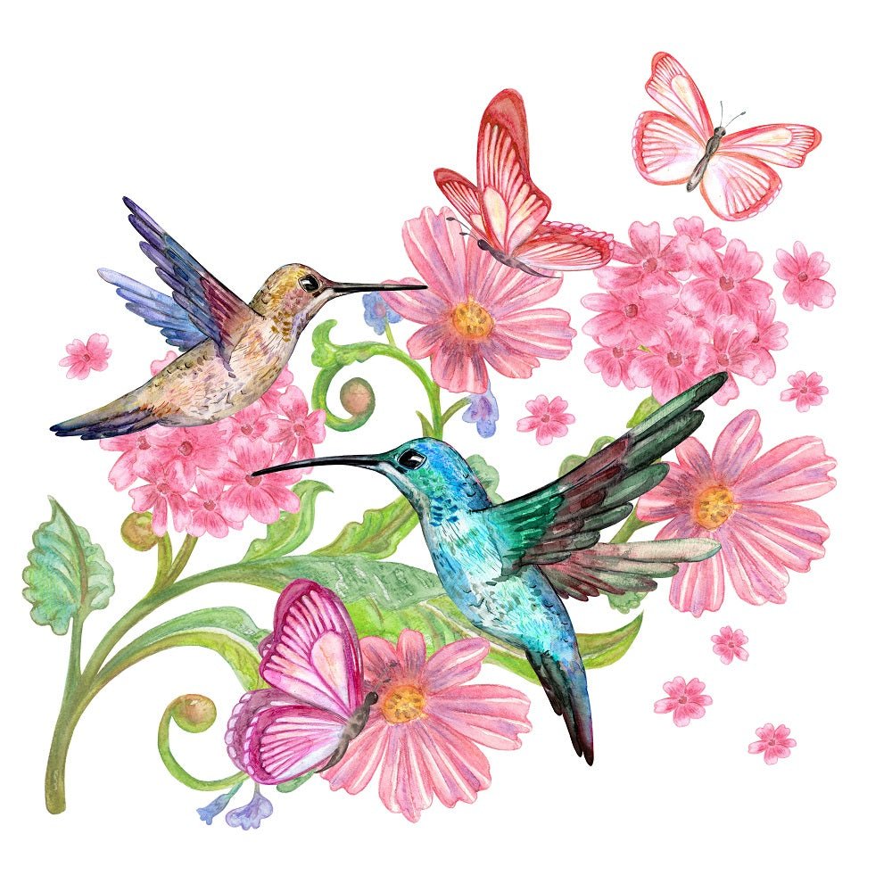 Watercolor Bright Hummingbirds & Flowers Fabric Panel
