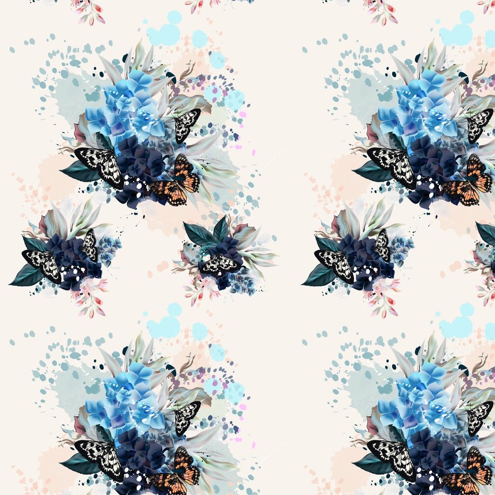 Watercolor Butterfly Bouquet Fabric -Blue/Tan