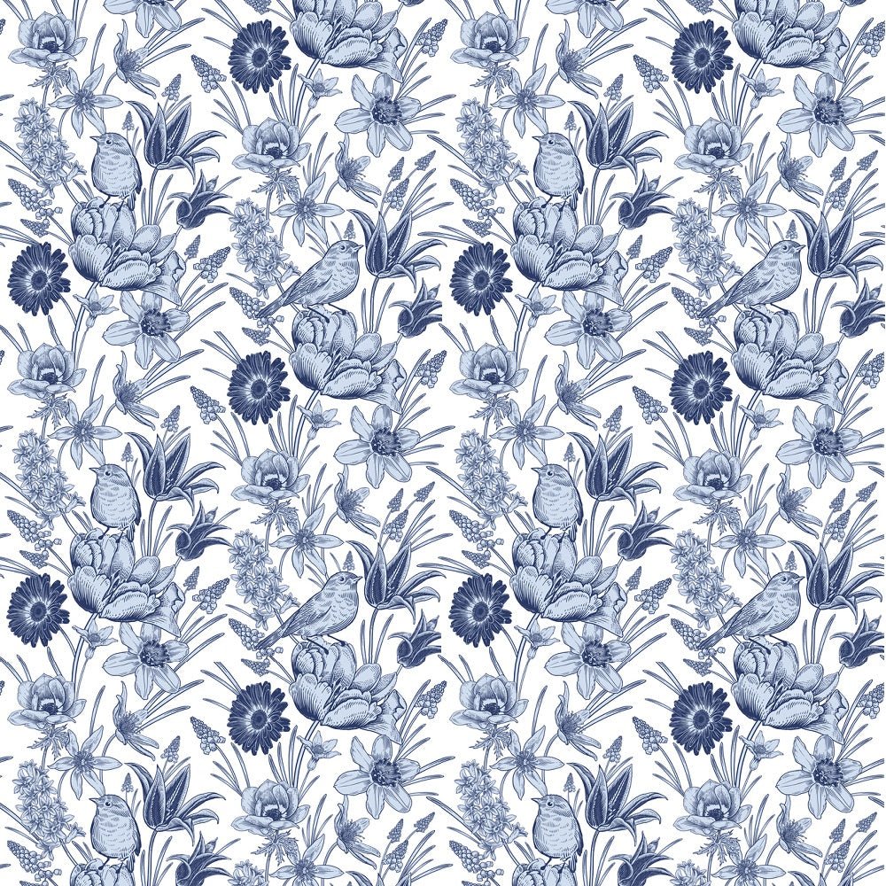 Vintage Spring Flowers and Birds Fabric - Blue/White