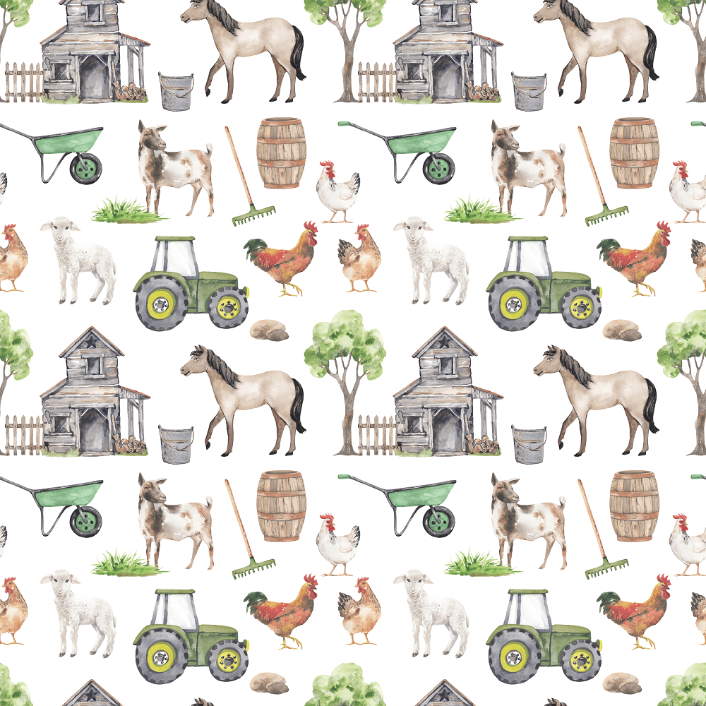 Watercolor Allover Goat Farm Fabric - White